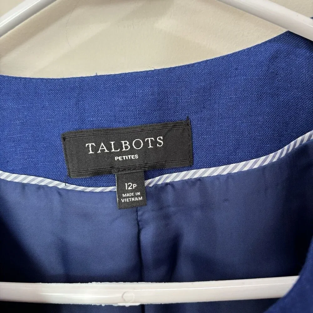 Talbots 100% Linen Blazer Jacket 12p Cobalt Blue Open Front Career Lightweight